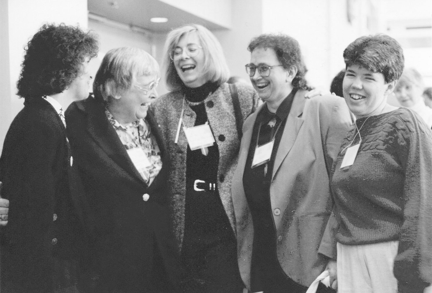 Lori Dick, Virginia Ramey Mollenkott, Susan Thistlewaite, Nancy Wilson, and Kittredge Cherry at the 1993 Re-Imagining Conference. Photo courtesy Kittredge Cherry of Q Spirit.
